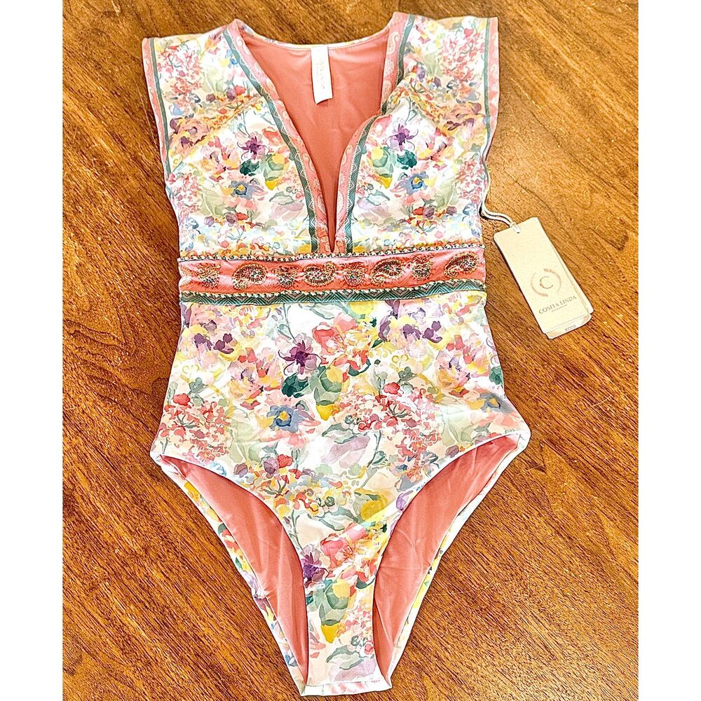 Costa Linda One Piece Plunging Reversible Swim Suit - Women S - NEW w Tags - Picture 7 of 9